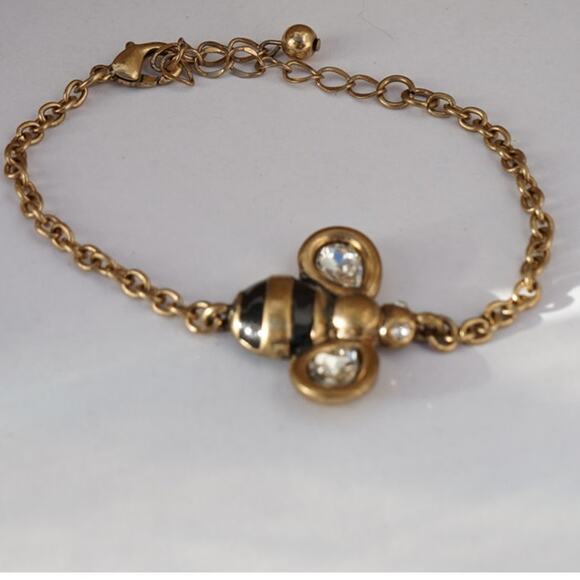 Vintage bee charm bracelet gold tone enamel rhinestone bug 1990s whimsy, 7 inch - Picture 1 of 10